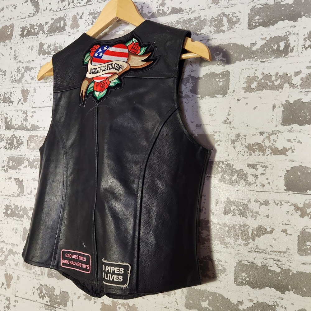 Interstate Leather Womens Motorcycle Biker Vest Patches USA Flag Harley Davidson - Picture 6 of 16